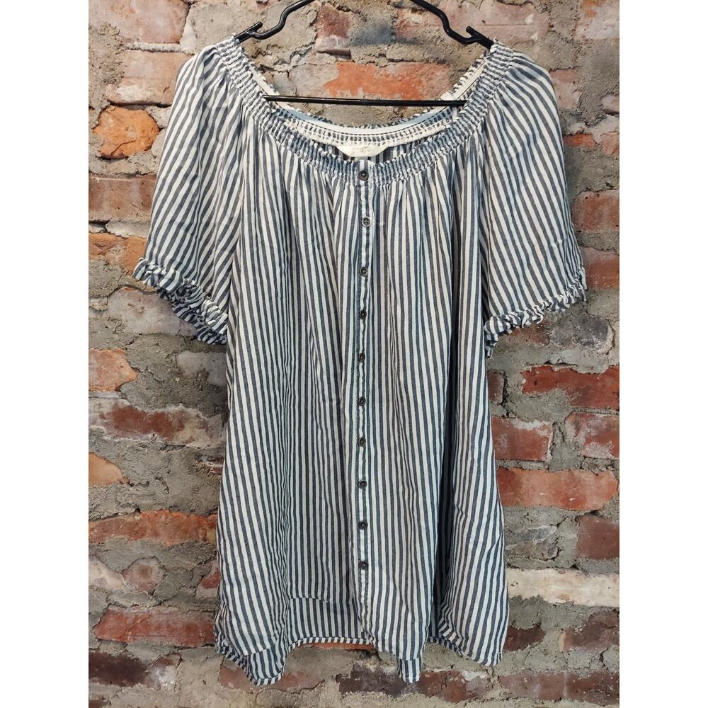 Terra & Sky Striped Off-Shoulder Button-Front Blouse - Blue/White - 1X